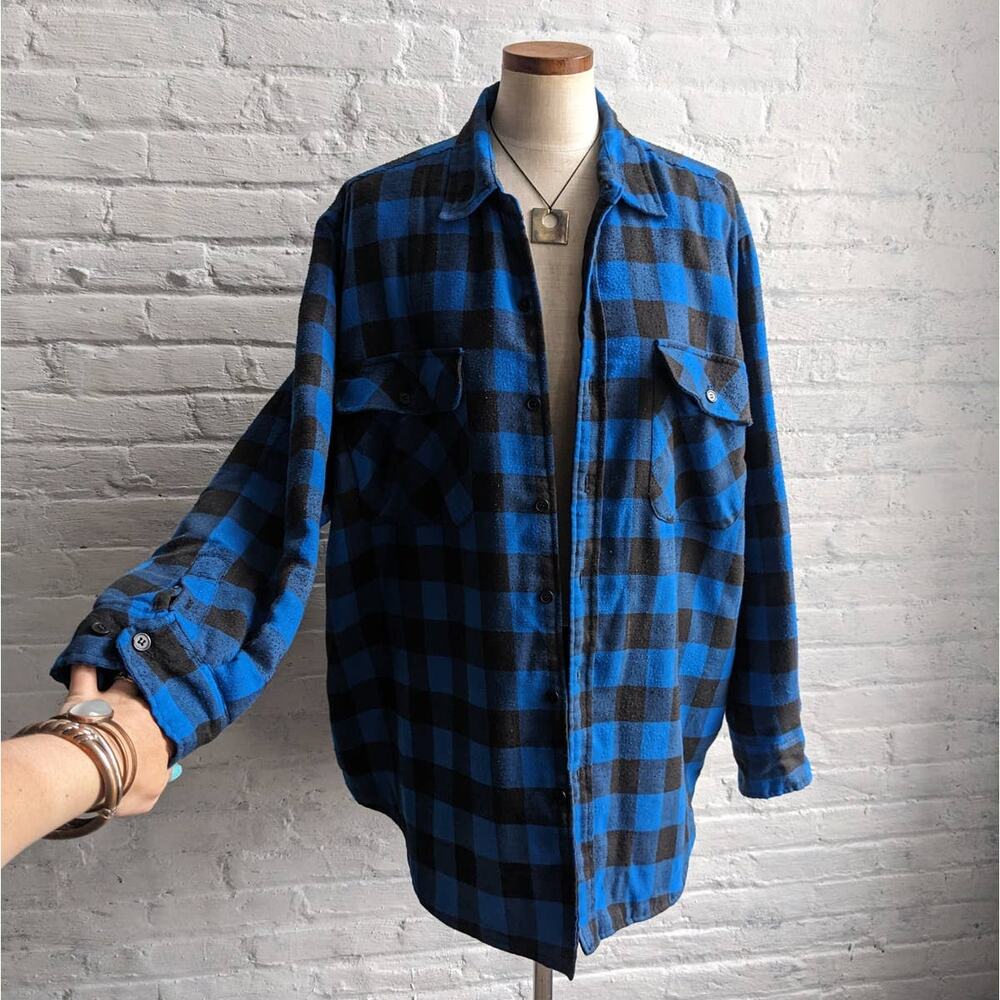Vintage Y2K Blue Plaid Flannel Jacket L Utility Blanket Thermal Oversize Coat